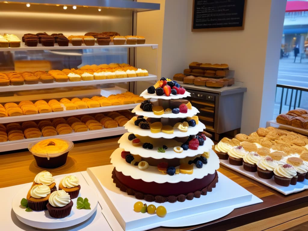  A photorealistic image of a display table at a bakery filled with beautifully decorated sustainable pastries and desserts, showcasing the use of ecofriendly packaging and materials. The table is elegantly set up with a variety of sweet treats like cupcakes, cookies, and cakes, all artfully arranged and labeled with recycled paper tags. The background features subtle hints of a charming bakery setting, with soft lighting highlighting the delicious and environmentally conscious baked goods. hyperrealistic, full body, detailed clothing, highly detailed, cinematic lighting, stunningly beautiful, intricate, sharp focus, f/1. 8, 85mm, (centered image composition), (professionally color graded), ((bright soft diffused light)), volumetric fog, trending on instagram, trending on tumblr, HDR 4K, 8K