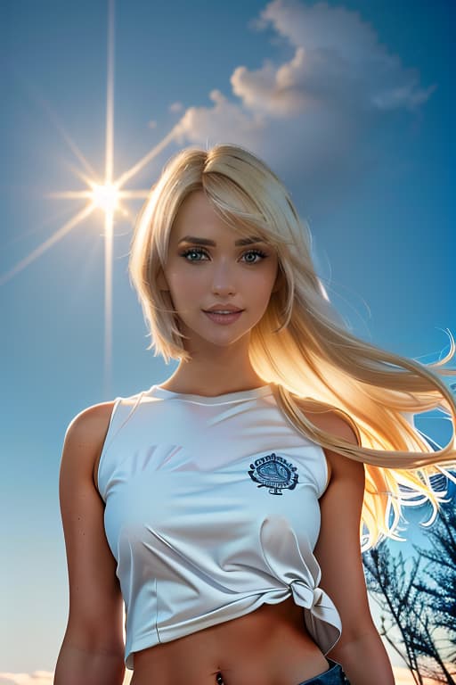  1girl,1girl,blonde short hair,straight hair,upper body shot,blonde hair,white shirt,blue shorts,smile hyperrealistic, full body, detailed clothing, highly detailed, cinematic lighting, stunningly beautiful, intricate, sharp focus, f/1. 8, 85mm, (centered image composition), (professionally color graded), ((bright soft diffused light)), volumetric fog, trending on instagram, trending on tumblr, HDR 4K, 8K