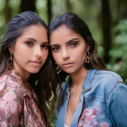 portrait+ style dos hermanas mujeres gemelas en la selva oscura