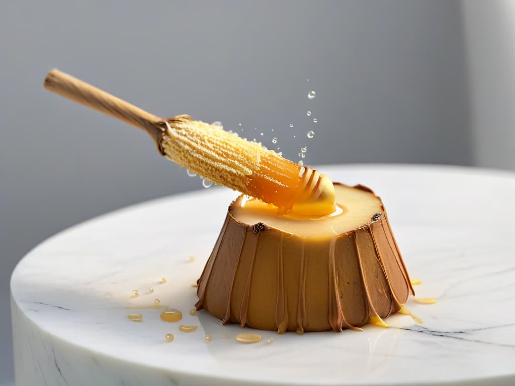  A visually striking, minimalistic image of a goldenbrown yacón root placed on a sleek, white marble countertop. The root is covered in droplets of honey, emphasizing its natural sweetness and prebiotic properties. The lighting is soft, casting a gentle glow on the root and creating a sense of warmth and richness. The background is blurred to keep the focus solely on the yacón root, inviting the viewer to appreciate its beauty and potential in enhancing baking recipes. hyperrealistic, full body, detailed clothing, highly detailed, cinematic lighting, stunningly beautiful, intricate, sharp focus, f/1. 8, 85mm, (centered image composition), (professionally color graded), ((bright soft diffused light)), volumetric fog, trending on instagram, trending on tumblr, HDR 4K, 8K