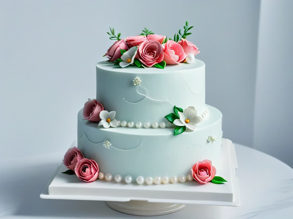  An ultradetailed, 8k resolution image of a pristine white fondant wedding cake adorned with intricate lacelike piping, delicate sugar flowers, and shimmering edible pearls. The cake is displayed on a sleek, modern marble countertop under soft, natural lighting, showcasing the meticulous craftsmanship and artistry of cake decoration. hyperrealistic, full body, detailed clothing, highly detailed, cinematic lighting, stunningly beautiful, intricate, sharp focus, f/1. 8, 85mm, (centered image composition), (professionally color graded), ((bright soft diffused light)), volumetric fog, trending on instagram, trending on tumblr, HDR 4K, 8K