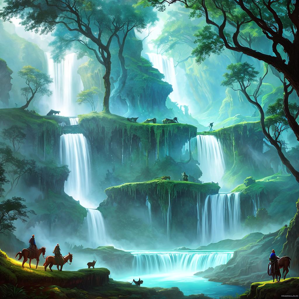  in a fantasy setting, Paint a surreal landscape where mythical beasts roam amidst cascading waterfalls.