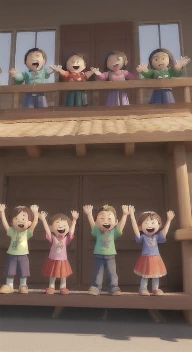  {A heartwarming scene of all the children waving goodbye with happy expressions., Children waving with wide smiles, looking grateful and content.