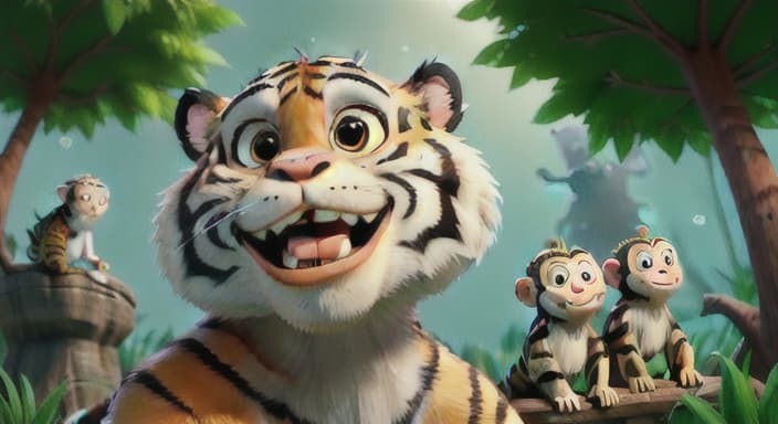  {The tiger is looking up at a tree full of laughing monkeys., The monkeys have long tails and mischievous eyes.