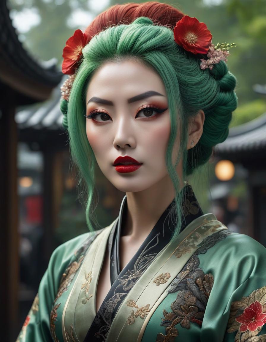  hyperrealistic art Gorgeous fluid, realistic and intricate, high definition portrait of a Gothic Geisha with realistic, clear eyes and detailed green hair, high resolution, photorealistic, Nikon Z9, 85mm F1.2, DOF, sharp focus very detailed and extremely beautiful. Intricate photorealistic 8k winning photography masterpiece, ultra detailed high definition sharp quality focused in hdr Ultra realistic, HR Ginger . extremely high resolution details, photographic, realism pushed to extreme, fine texture, incredibly lifelike hyperrealistic, full body, detailed clothing, highly detailed, cinematic lighting, stunningly beautiful, intricate, sharp focus, f/1. 8, 85mm, (centered image composition), (professionally color graded), ((bright soft diffused light)), volumetric fog, trending on instagram, trending on tumblr, HDR 4K, 8K