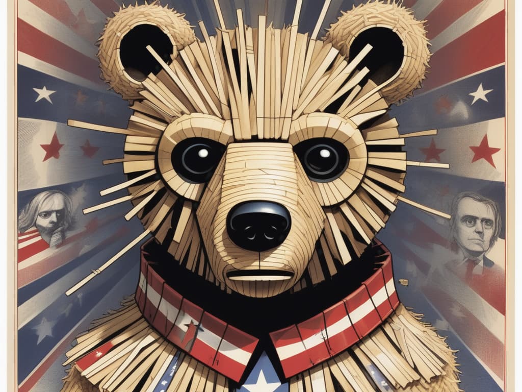 In the riveting style of Art Spiegelman, a disintegrated straw bear takes center stage in this political propaganda poster. Crafted with a Rollei Prego 90 aesthetic, Todd Nauck's influence, and the avant-garde touch of Group Zero, the bear, made of wire, becomes a symbol that transcends its form, sparking contemplation and discourse.