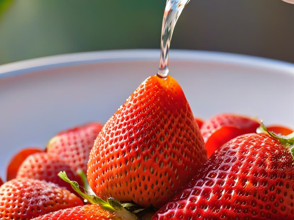  An ultradetailed closeup image of a single droplet of water delicately resting on a vibrant red ripe strawberry, showcasing the interaction of water with fresh ingredients in a visually striking and minimalistic composition. The droplet's reflection and the intricate texture of the strawberry's surface are captured with unparalleled clarity, emphasizing the importance of water in enhancing the natural flavors and textures of ingredients in pastry making. hyperrealistic, full body, detailed clothing, highly detailed, cinematic lighting, stunningly beautiful, intricate, sharp focus, f/1. 8, 85mm, (centered image composition), (professionally color graded), ((bright soft diffused light)), volumetric fog, trending on instagram, trending on tumblr, HDR 4K, 8K