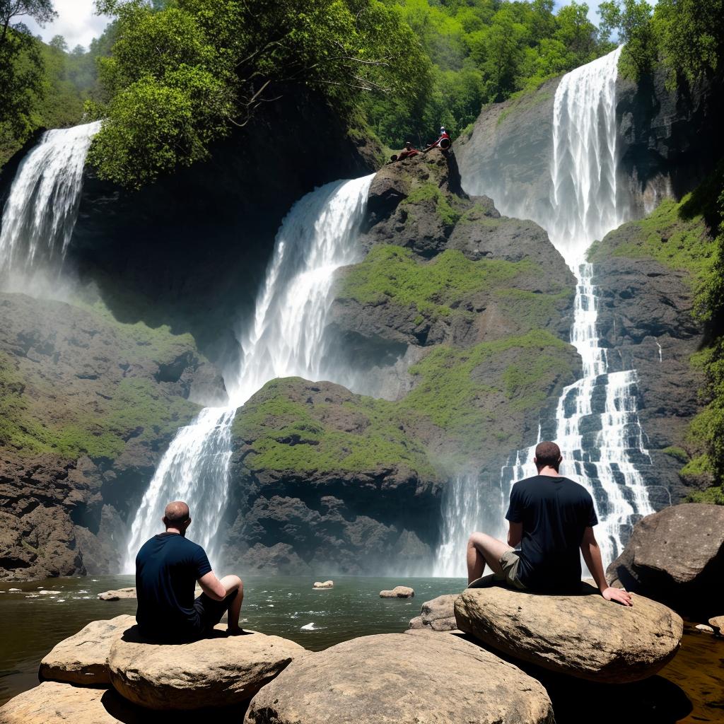  A man sits on a rock in front of a waterfall.