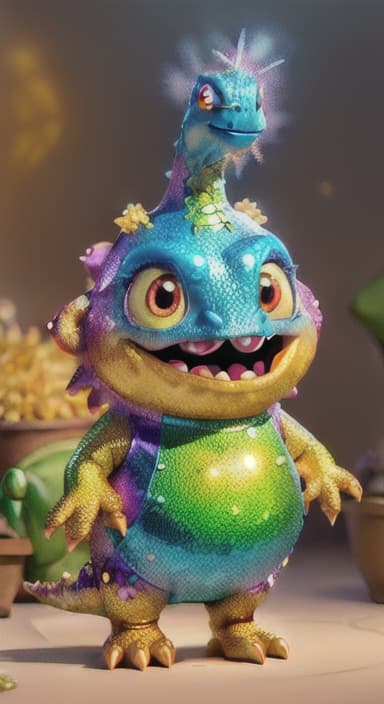  {A sparkly dinosaur with glittery scales standing next to a big pot of steaming jollof rice., Shiny Dino has glittery, multicolored scales that sparkle in the sunlight. It has big, friendly eyes and a happy, wide smile, with small arms perfect for stirring pots. Shiny Dino wears a playful, polka dotted apron and a tiny chef's hat.