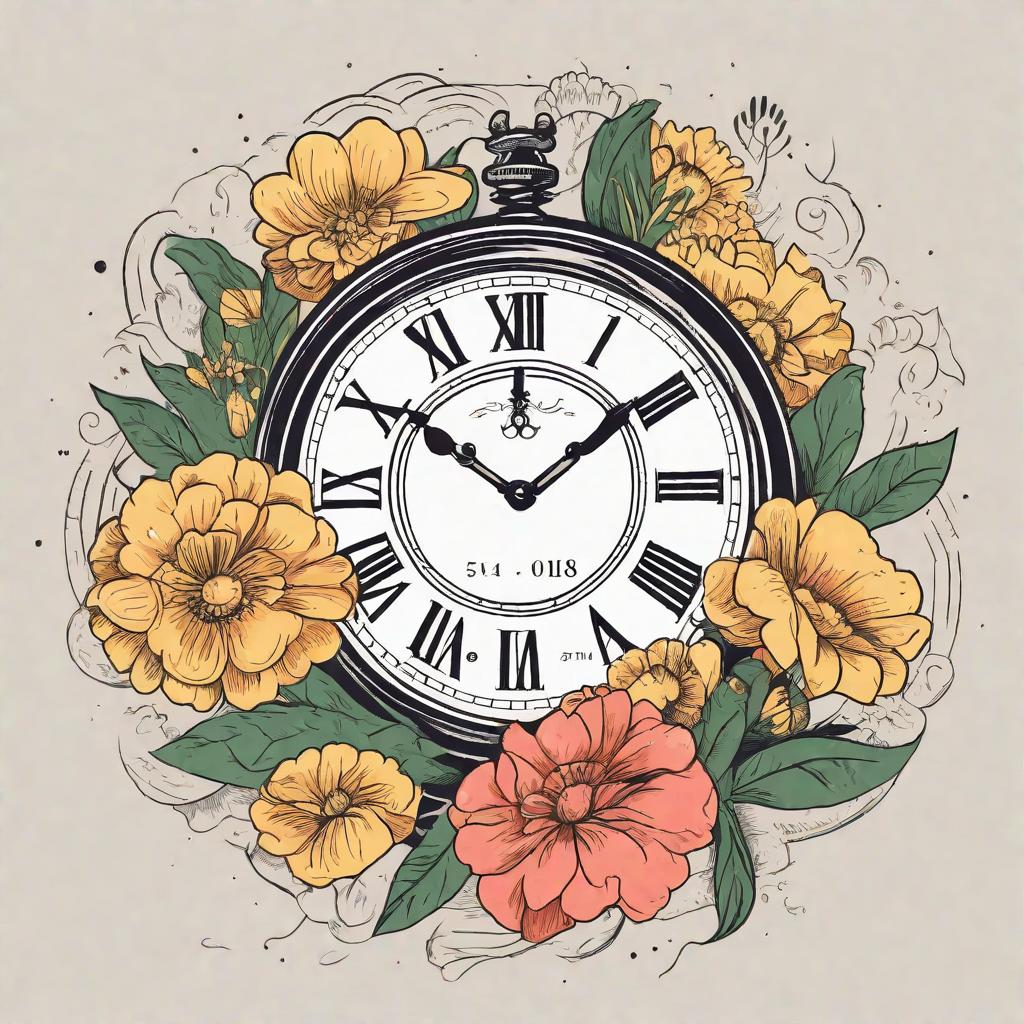  masterpiece, best quality,A clock with the time 7:31 on it with the may birth flower around it and a ribbon with the date 5/4/2018 underneath it sketch,