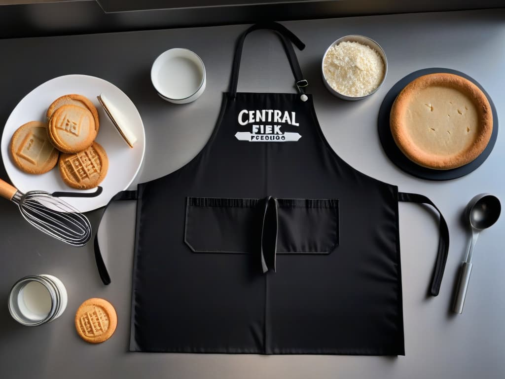  A minimalistic image featuring a sleek black apron with the iconic Central Perk logo embroidered in the center, surrounded by an array of highquality stainless steel Friendsthemed baking utensils neatly arranged on a marble countertop. The utensils include a whisk, spatula, measuring cups, and cookie cutters, all elegantly designed with subtle references to the beloved TV show. The image captures the essence of sophistication and creativity, appealing to fans looking to bring a touch of Friends nostalgia into their baking endeavors. hyperrealistic, full body, detailed clothing, highly detailed, cinematic lighting, stunningly beautiful, intricate, sharp focus, f/1. 8, 85mm, (centered image composition), (professionally color graded), ((bright soft diffused light)), volumetric fog, trending on instagram, trending on tumblr, HDR 4K, 8K