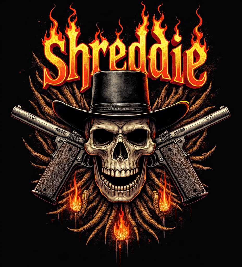  good quality, high quality, metal shirt design. fire and melting elements are part of design. organs are strewn about. the letters "shreddie" on top of the design. wild western themes and design elements are on the shirt as well. revolvers and outlaw elements.