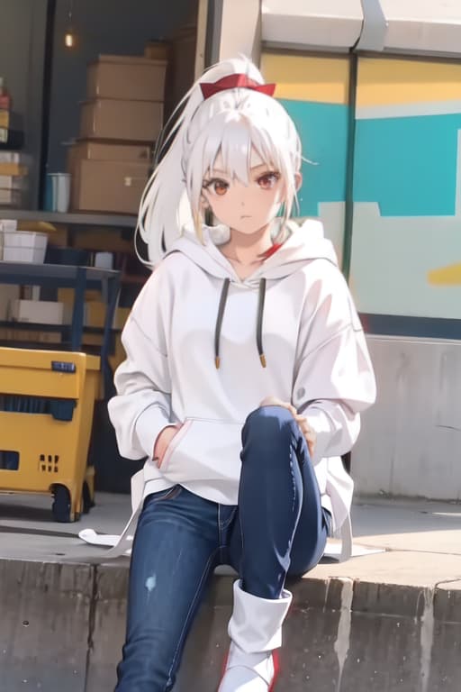  Hot girl, white hair, ponytail, jeans, hoodie, boots