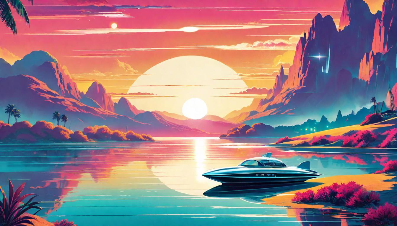  retro futuristic Sunrise illuminating a serene lake, positivity’s radiance, hopeful dawn, tranquil waters, new beginnings. lvintage sci fi, 50s and 60s style, atomic age, vibrant, highly detailed