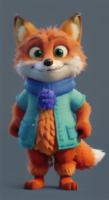  {Error the fox pressing the blue button with his paw, looking puzzled as nothing occurs., Error is a small, bright orange fox with a fluffy tail and big, inquisitive eyes. He has a mischievous yet kind expression and wears a tiny green scarf.