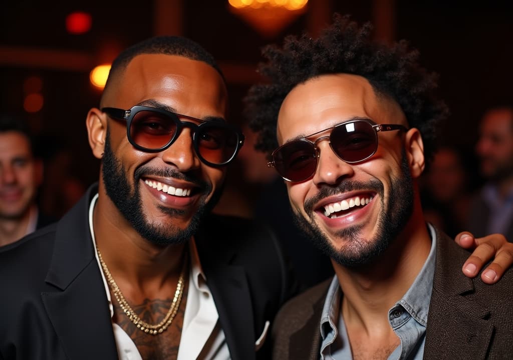  good quality, high quality, chris brown and joyner lucas smiling charismatically at a cocktail party