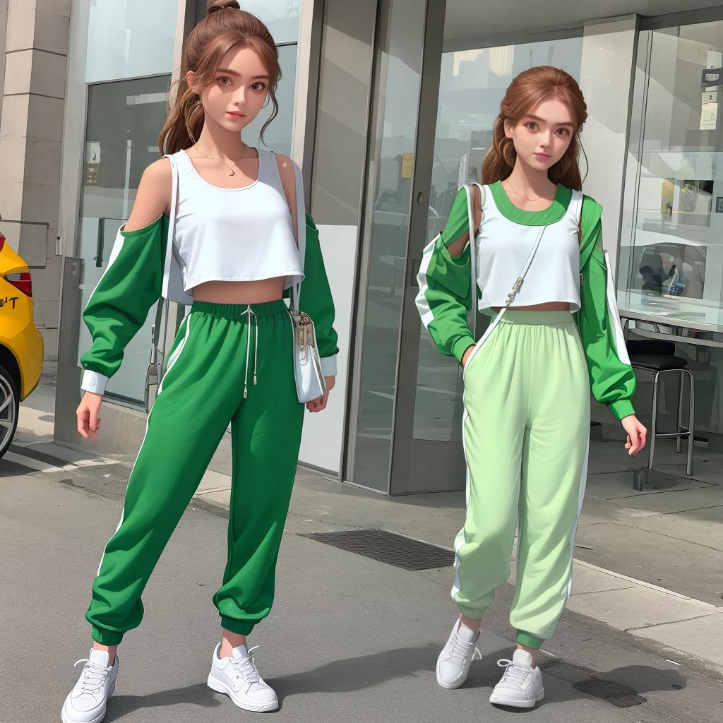  masterpiece, best quality,A girl wearing jumpsuit pants with removable strap, green long sleeves croptop, white sneakers and white shoulder bag.,