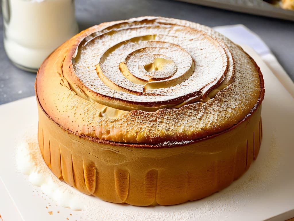  A closeup, ultradetailed image of a perfectly baked glutenfree magdalena, showcasing a goldenbrown crust with delicate cracks, sprinkled with a light dusting of powdered sugar. The texture of the magdalena appears moist and fluffy, with tiny air bubbles visible, indicating a wellrisen bake. The background is a softfocus, blurred kitchen setting, hinting at the warm and inviting atmosphere of a cozy home bakery. hyperrealistic, full body, detailed clothing, highly detailed, cinematic lighting, stunningly beautiful, intricate, sharp focus, f/1. 8, 85mm, (centered image composition), (professionally color graded), ((bright soft diffused light)), volumetric fog, trending on instagram, trending on tumblr, HDR 4K, 8K