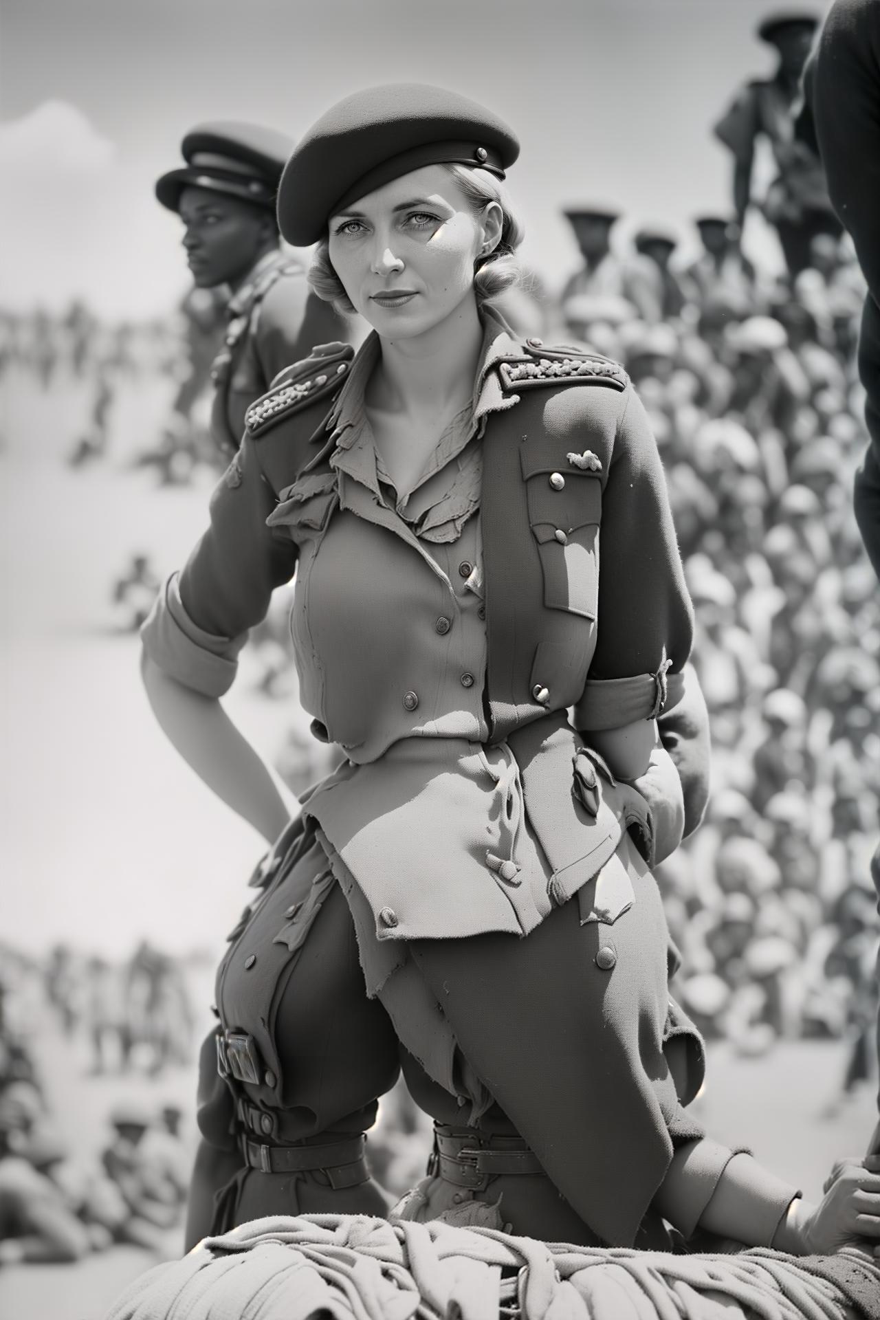  photo of a 1940s German female officer who is captured by the enemy african rebels. it is a black and white newspaper photograph, vintage, no color. she is wearing tattered clothes or a bikini, has distressed look, is prisoner of war, lithe, and in africa. african crowd of men surrounds her, (landscape 1.21:1.21) hyperrealistic, full body, detailed clothing, highly detailed, cinematic lighting, stunningly beautiful, intricate, sharp focus, f/1. 8, 85mm, (centered image composition), (professionally color graded), ((bright soft diffused light)), volumetric fog, trending on instagram, trending on tumblr, HDR 4K, 8K