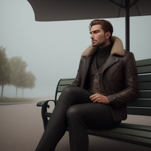  a man sitting on a park bench hyperrealistic, full body, detailed clothing, highly detailed, cinematic lighting, stunningly beautiful, intricate, sharp focus, f/1. 8, 85mm, (centered image composition), (professionally color graded), ((bright soft diffused light)), volumetric fog, trending on instagram, trending on tumblr, HDR 4K, 8K