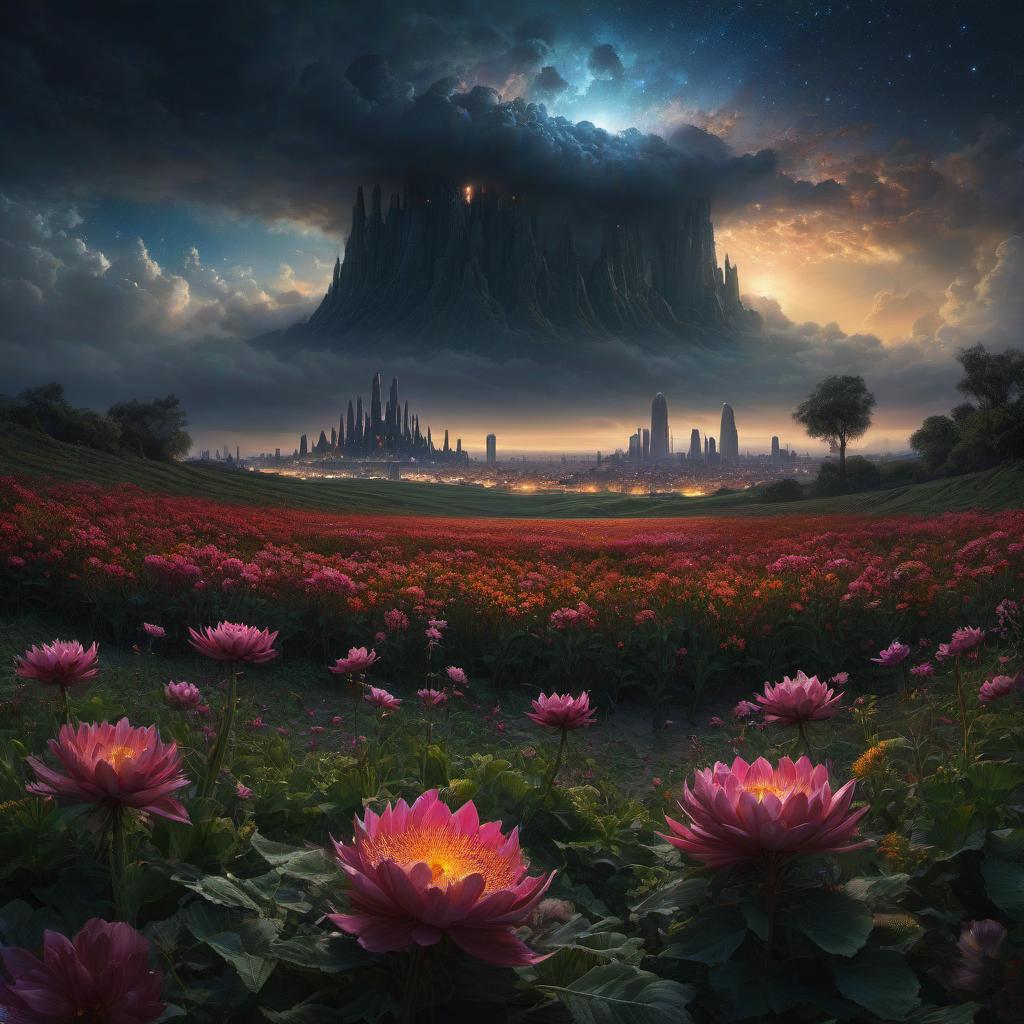  (stylized by Tomasz Alen Kopera:1.3) , dark art, dense flower field and Perseid meteor in background, landscape of a (Barcelona:1.2) , very Bizarre and 1600'S, Hurricane, Glitchcore, Amaro, layered textures, ornate, intricate artistic color, complimentary colors, very inspirational, atmosphere, fine artistic composition, sunny, theatrical hyperrealistic, full body, detailed clothing, highly detailed, cinematic lighting, stunningly beautiful, intricate, sharp focus, f/1. 8, 85mm, (centered image composition), (professionally color graded), ((bright soft diffused light)), volumetric fog, trending on instagram, trending on tumblr, HDR 4K, 8K