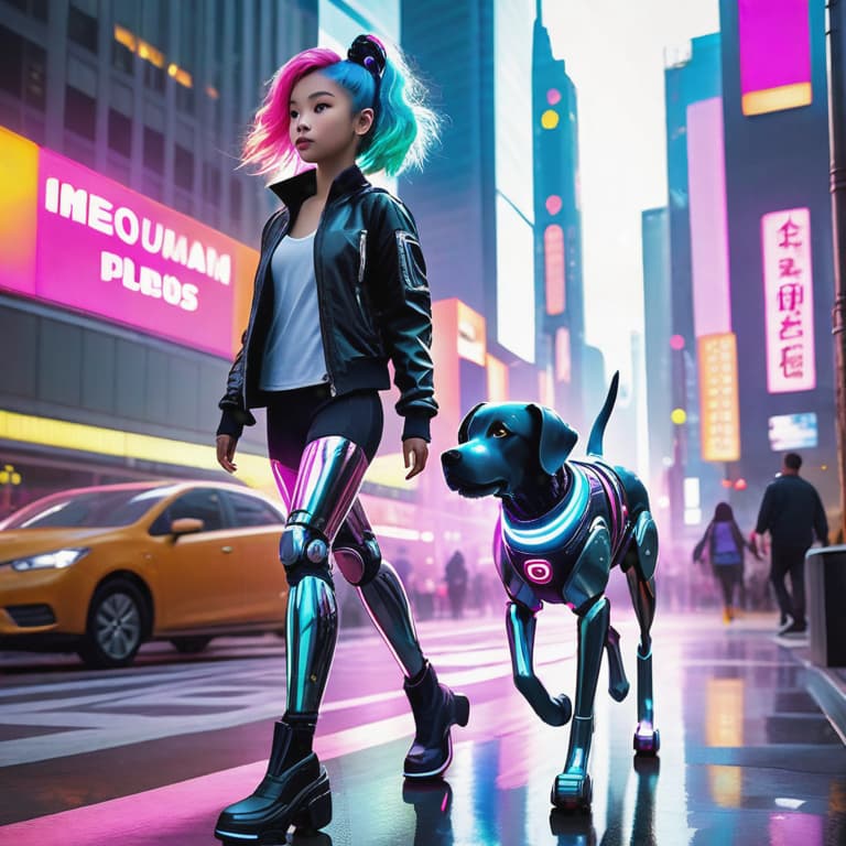  A young girl confidently strides across the bustling street, her vibrant neon-colored hair reflecting the dazzling lights that illuminate the towering skyscrapers. Beside her walks a magnificent cyborg dog, its sleek chrome body adorned with pulsating LED lights. With each step, the dog's mechanical limbs emit a soft hum, blending harmoniously with the electronic beats resonating from the city's sound systems. This unusual duo, united by their love for adventure, paints a striking picture of a futuristic world where humans and artificial beings coexist seamlessly. hyperrealistic, full body, detailed clothing, highly detailed, cinematic lighting, stunningly beautiful, intricate, sharp focus, f/1. 8, 85mm, (centered image composition), (professionally color graded), ((bright soft diffused light)), volumetric fog, trending on instagram, trending on tumblr, HDR 4K, 8K