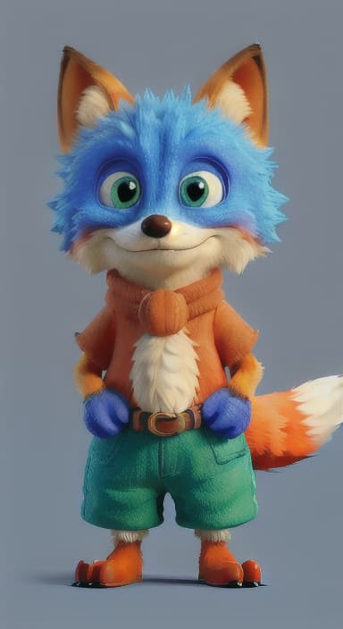  {Error the fox pressing the blue button with his paw, looking puzzled as nothing occurs., Error is a small, bright orange fox with a fluffy tail and big, inquisitive eyes. He has a mischievous yet kind expression and wears a tiny green scarf.