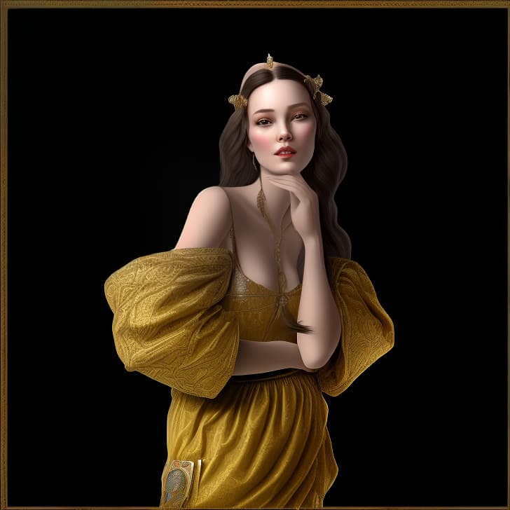 mdjrny-v4 style Create an avatar of a female character in a Medieval style. The character should be dressed in authentic Medieval clothing, such as a long dress with intricate patterns or a gown with elegant embroidery. Her hair should be styled in a historically accurate manner, such as braids or a headpiece. She should have a graceful and noble posture, reflecting the etiquette of Medieval times. Accessories like jewelry or a crown can be included to enhance her regal appearance. The background should depict a Medieval setting, such as a castle courtyard or a noble estate, to complete the historical theme.