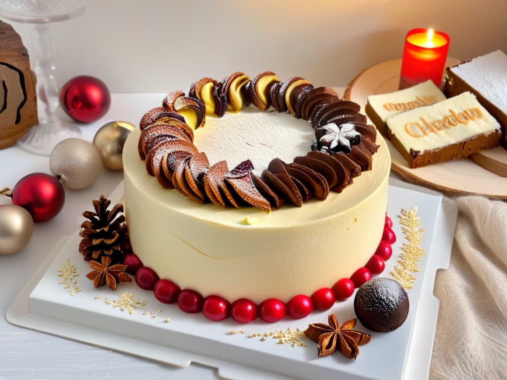  A photorealistic image of a beautifully decorated Christmas dessert table, featuring innovative holiday desserts such as eggnog cheesecake with edible gold leaf garnish, spiced gingerbread trifle with layers of cream and candied cranberries, and a stunning chocolate yule log cake adorned with intricate sugar snowflakes and holly leaves. The table is elegantly set with festive decorations and twinkling lights, creating a warm and inviting holiday atmosphere. hyperrealistic, full body, detailed clothing, highly detailed, cinematic lighting, stunningly beautiful, intricate, sharp focus, f/1. 8, 85mm, (centered image composition), (professionally color graded), ((bright soft diffused light)), volumetric fog, trending on instagram, trending on tumblr, HDR 4K, 8K