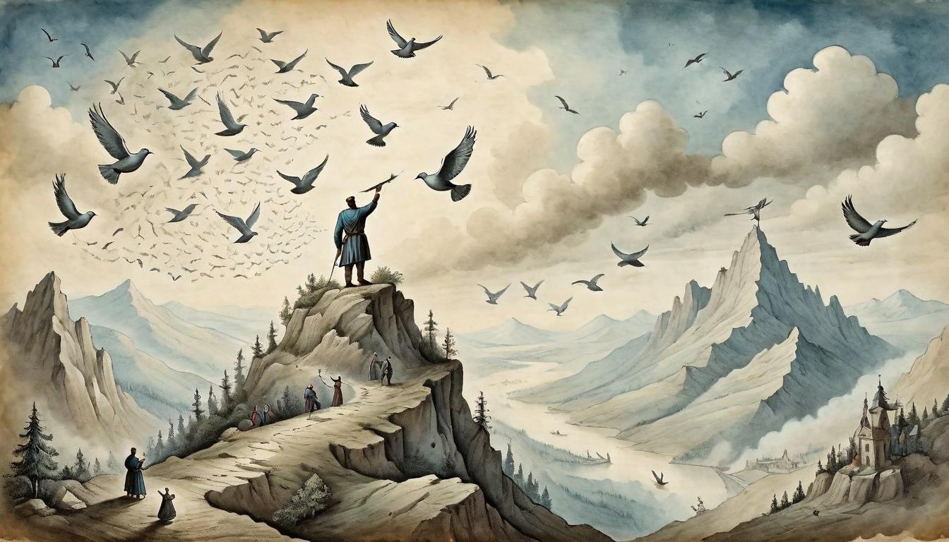  on parchment, surrealism+++, A figure releasing doves into the sky from atop a mountain, freedom of information, network of connections symbolized by birds in flight, expansive view, liberation and unity(mysterious, provocative, symbolic,muted color)+++