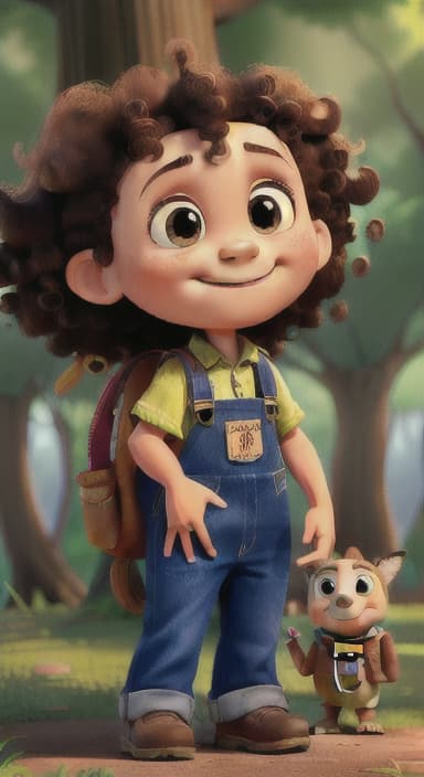  {The tree with a smiling face formed by its bark, looking down at Riley., Riley, a curious with big brown eyes and curly hair, wearing overalls and carrying a small backpack. Their friend, Skye, a bluebird with shiny feathers.