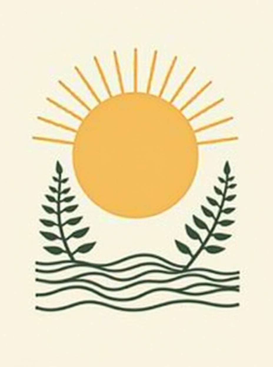  good quality, high quality, a minimalist sun with thin, straight rays extending outward, paired with a few simple tropical ferns, all set against a background of faint geometric waves flowing across the design