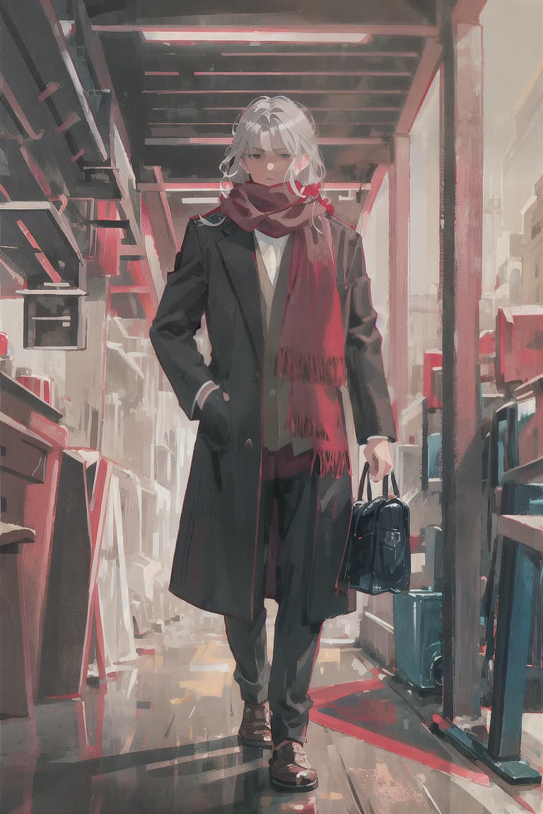  master piece , best quality,Gray hair, male, red scarf, long black coat, adventurer