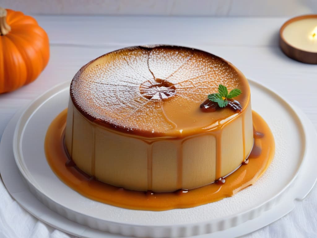  A closeup, ultradetailed image of a perfectly caramelized slice of pumpkin flan resting on a delicate ceramic plate, showcasing the glossy caramel dripping down the sides, with a subtle dusting of cinnamon powder on top adding a touch of elegance. The creamy texture of the flan is visible, with tiny air bubbles creating a light and fluffy appearance, and the vibrant orange hue of the pumpkin base contrasts beautifully with the golden caramel, making it a visually stunning and mouthwatering image that perfectly captures the essence of this traditional dessert. hyperrealistic, full body, detailed clothing, highly detailed, cinematic lighting, stunningly beautiful, intricate, sharp focus, f/1. 8, 85mm, (centered image composition), (professionally color graded), ((bright soft diffused light)), volumetric fog, trending on instagram, trending on tumblr, HDR 4K, 8K