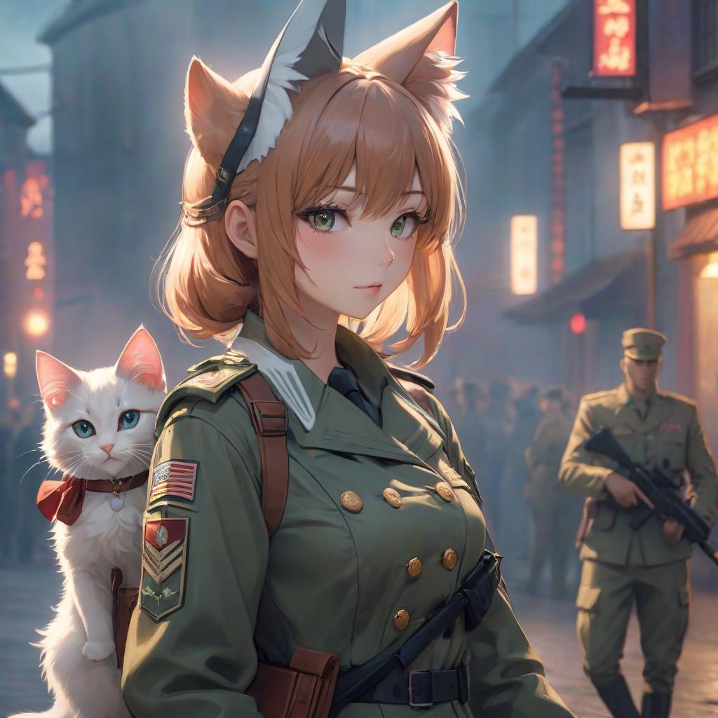  Anime kitten girl, small, with cat ears. In military uniform. hyperrealistic, full body, detailed clothing, highly detailed, cinematic lighting, stunningly beautiful, intricate, sharp focus, f/1. 8, 85mm, (centered image composition), (professionally color graded), ((bright soft diffused light)), volumetric fog, trending on instagram, trending on tumblr, HDR 4K, 8K