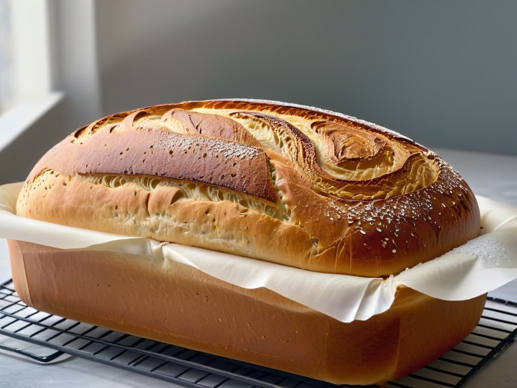  A closeup, ultradetailed image of a perfectly goldenbrown vegan sourdough loaf, freshly baked and cooling on a wire rack. The crust glistens with a delicate sprinkle of sea salt, showcasing intricate crackling patterns. Wisps of steam gently rise from the loaf, enveloping it in a soft, ethereal aura. The texture of the bread appears rustic and hearty, with visible air pockets and a slight sheen that hints at its moist interior. The background is softly blurred, keeping the focus solely on the exquisite details of the sourdough loaf. hyperrealistic, full body, detailed clothing, highly detailed, cinematic lighting, stunningly beautiful, intricate, sharp focus, f/1. 8, 85mm, (centered image composition), (professionally color graded), ((bright soft diffused light)), volumetric fog, trending on instagram, trending on tumblr, HDR 4K, 8K