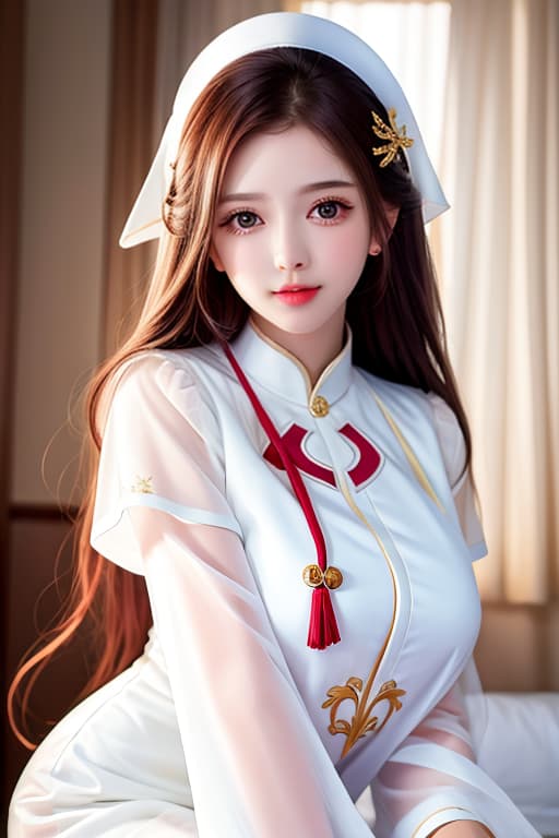  (:1.4), :1.4 , Lovely nurse, long curvy hair, wearing white , laying on , masterpiece, (detailed face), (detailed clothes), f/1.4, ISO 200, 1/160s, 4K, unedited, symmetrical balance, in-frame, masterpiece, perfect lighting, (beautiful face), (detailed face), (detailed clothes), 1 , (woman), 4K, ultrarealistic, unedited, symmetrical balance, in-frame