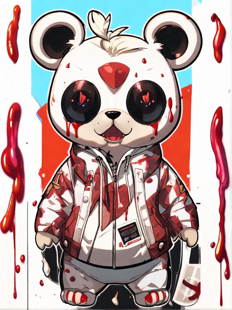  , a cute guilt robot bear, sticker, akira toriyama , white background,murder bear, bloody , dripping blood,bloody trump head on ground<lora:halloween-makeup:0.9380552704105101><lora:illustration-style:0.5895297976427594><lora:rionrtlora:0.009435480412516073><lora:margiela-ss24:0.35833211775159257> hyperrealistic, full body, detailed clothing, highly detailed, cinematic lighting, stunningly beautiful, intricate, sharp focus, f/1. 8, 85mm, (centered image composition), (professionally color graded), ((bright soft diffused light)), volumetric fog, trending on instagram, trending on tumblr, HDR 4K, 8K