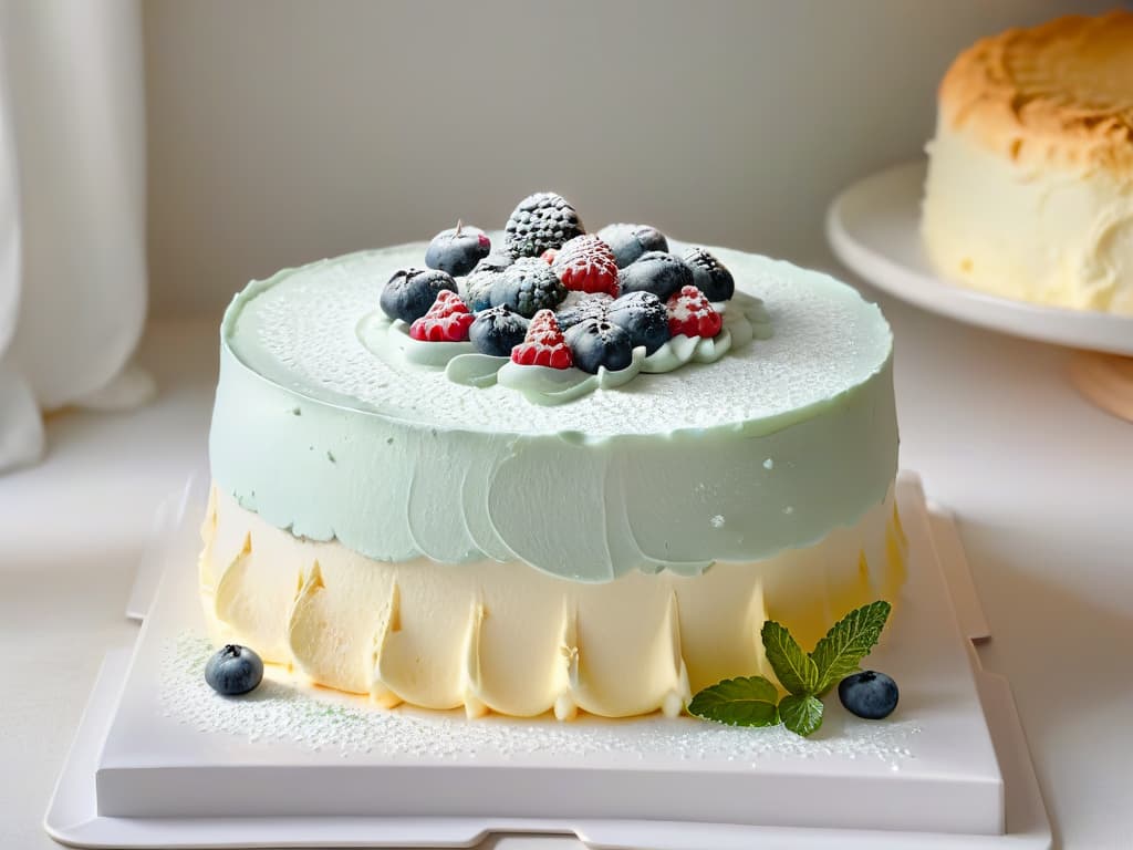  A closeup, ultradetailed image of a pristine white angel food cake resting on a delicate cake stand, with a soft, ethereal glow highlighting its fluffy, cloudlike texture. The cake is adorned with a sprinkle of powdered sugar, glistening berries, and a few delicate mint leaves, creating a visually stunning and minimalist composition that exudes elegance and perfection. hyperrealistic, full body, detailed clothing, highly detailed, cinematic lighting, stunningly beautiful, intricate, sharp focus, f/1. 8, 85mm, (centered image composition), (professionally color graded), ((bright soft diffused light)), volumetric fog, trending on instagram, trending on tumblr, HDR 4K, 8K