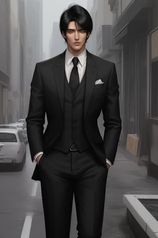  Black hair, black suit, handsome