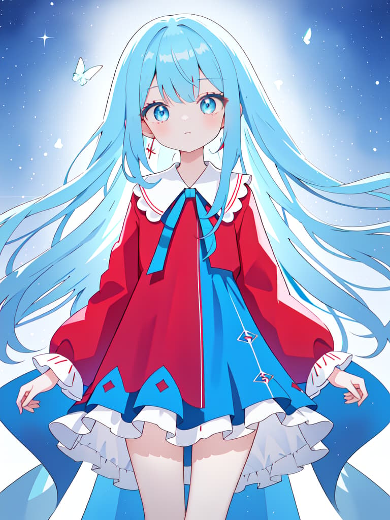  Slim girl, cute, blue hair, straight long hair, blue eyes, ribbon cathasha, non sleeve dress, sleeve, red clothes, masterpiece, best quality,8k,ultra detailed,high resolution,an extremely delicate and beautiful,hyper detail