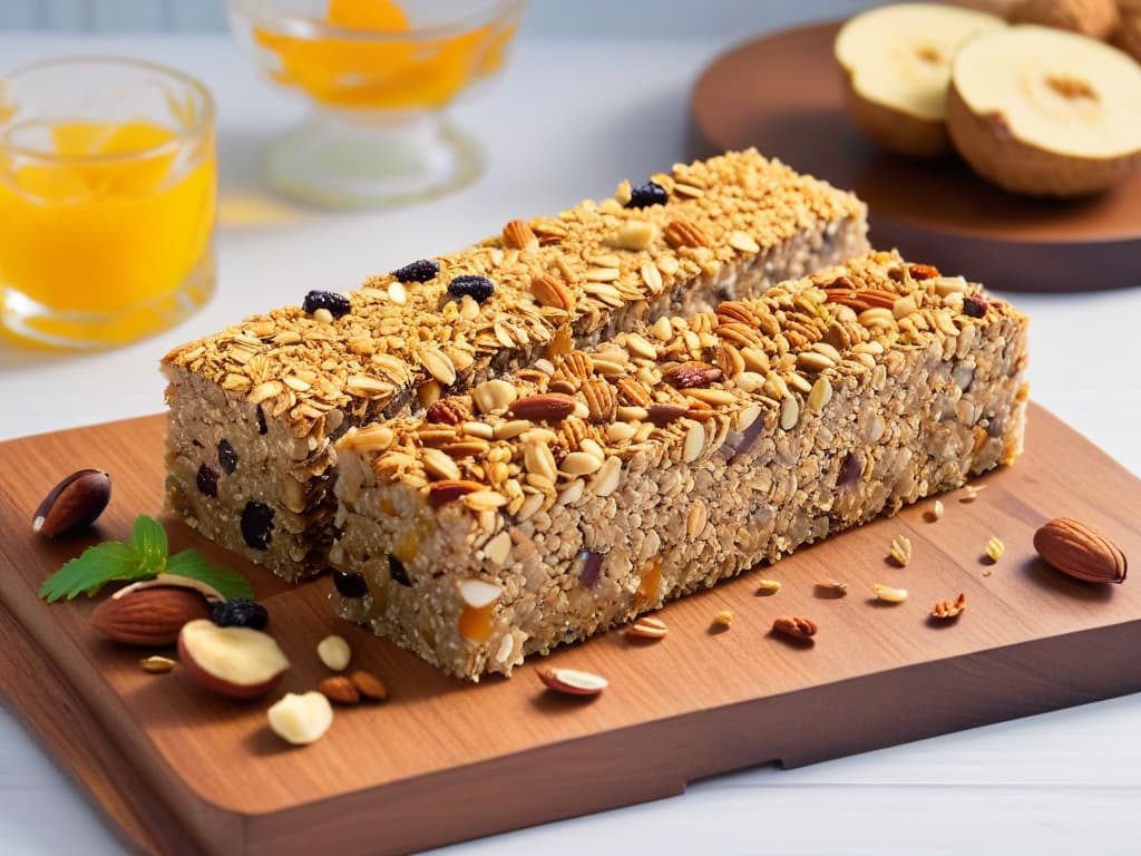  An image of a sleek, modern kitchen countertop with a row of homemade energy bars neatly arranged on a wooden cutting board. The energy bars are a variety of colors and shapes, showcasing different ingredients like nuts, seeds, and dried fruits. The background is softly blurred to keep the focus on the vibrant, wholesome snack bars. The lighting is natural and soft, casting a gentle glow on the bars and creating a warm, inviting atmosphere. hyperrealistic, full body, detailed clothing, highly detailed, cinematic lighting, stunningly beautiful, intricate, sharp focus, f/1. 8, 85mm, (centered image composition), (professionally color graded), ((bright soft diffused light)), volumetric fog, trending on instagram, trending on tumblr, HDR 4K, 8K