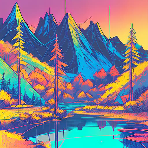 nvinkpunk Whimsical mountains with pond and trees in valley