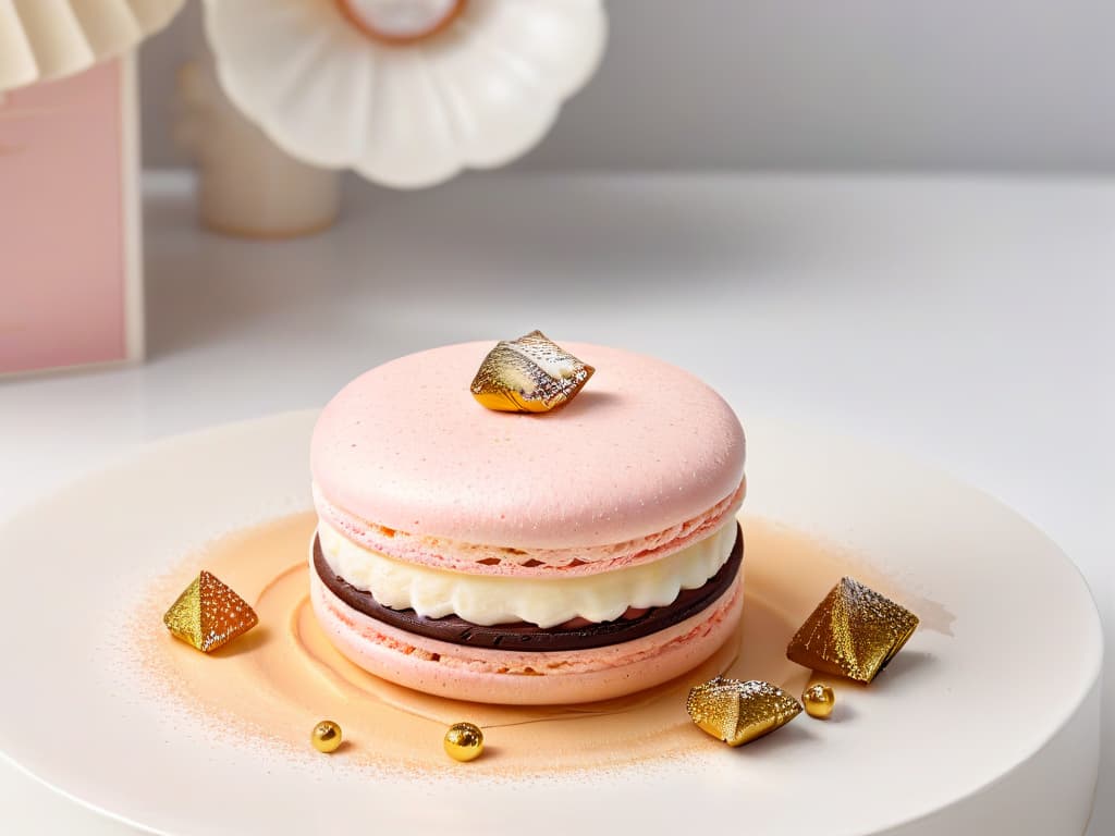  A closeup, ultrahighresolution image of a perfectly smooth, pastel pink macaron with a delicate dusting of shimmering gold edible glitter on top, resting on a pristine white marble countertop. The macaron is flawlessly shaped, showcasing the intricate ridges and smooth surface characteristic of expertly crafted French pastries. The lighting is soft and natural, highlighting the elegant simplicity of this iconic sweet treat. hyperrealistic, full body, detailed clothing, highly detailed, cinematic lighting, stunningly beautiful, intricate, sharp focus, f/1. 8, 85mm, (centered image composition), (professionally color graded), ((bright soft diffused light)), volumetric fog, trending on instagram, trending on tumblr, HDR 4K, 8K