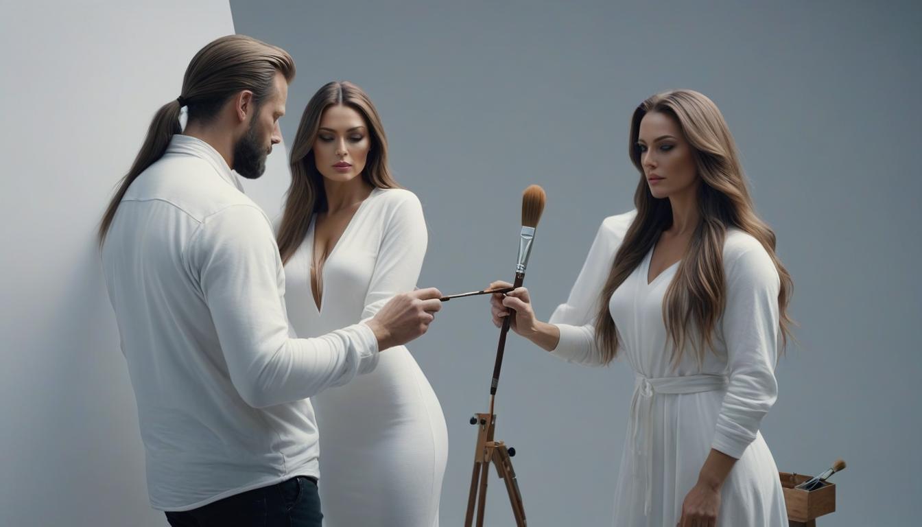  A man paints a woman with long hair on a white canvas with a brush. hyperrealistic, full body, detailed clothing, highly detailed, cinematic lighting, stunningly beautiful, intricate, sharp focus, f/1. 8, 85mm, (centered image composition), (professionally color graded), ((bright soft diffused light)), volumetric fog, trending on instagram, trending on tumblr, HDR 4K, 8K