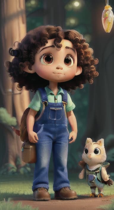  {The tree shining brightly and releasing a gentle, magical light., Riley, a curious with big brown eyes and curly hair, wearing overalls and carrying a small backpack. Their friend, Skye, a bluebird with shiny feathers.