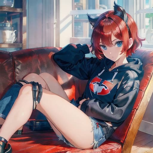  master piece , best quality,Girl Short hair Red hair Blue eyes Black hoodie Denim shorts Silver wings Black cat ears