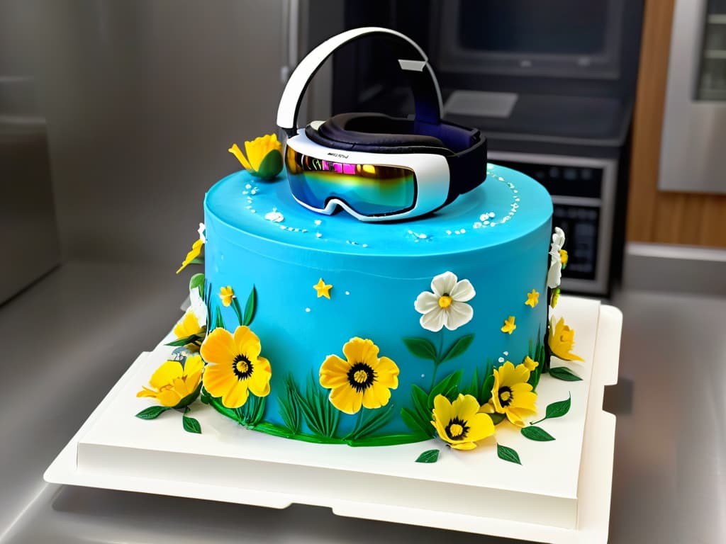  An ultradetailed image of a sleek, futuristic AR headset hovering above a beautifully decorated threetiered cake. The headset displays intricate holographic cake decorating instructions, illuminating the kitchen with a soft, ethereal glow. The cake is adorned with vibrant edible flowers and delicate fondant designs, showcasing the seamless integration of technology and culinary artistry in the realm of augmented reality baking. hyperrealistic, full body, detailed clothing, highly detailed, cinematic lighting, stunningly beautiful, intricate, sharp focus, f/1. 8, 85mm, (centered image composition), (professionally color graded), ((bright soft diffused light)), volumetric fog, trending on instagram, trending on tumblr, HDR 4K, 8K