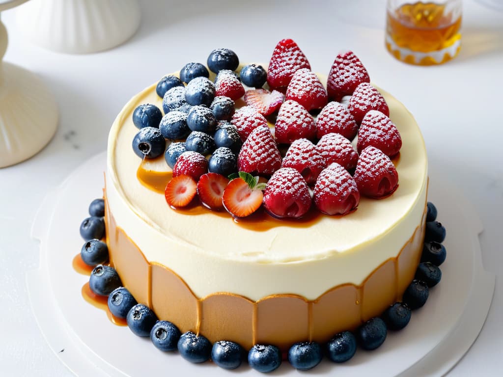  An intricately decorated glutenfree cheesecake sitting on a pristine marble countertop, adorned with fresh berries, mint leaves, and a drizzle of caramel sauce. The cheesecake is perfectly sliced to reveal its creamy texture, and the lighting captures every detail, from the graham cracker crust to the smooth, velvety filling. The image exudes elegance and sophistication, making it the perfect visual representation for a glutenfree cheesecake recipe targeted towards those with celiac disease. hyperrealistic, full body, detailed clothing, highly detailed, cinematic lighting, stunningly beautiful, intricate, sharp focus, f/1. 8, 85mm, (centered image composition), (professionally color graded), ((bright soft diffused light)), volumetric fog, trending on instagram, trending on tumblr, HDR 4K, 8K