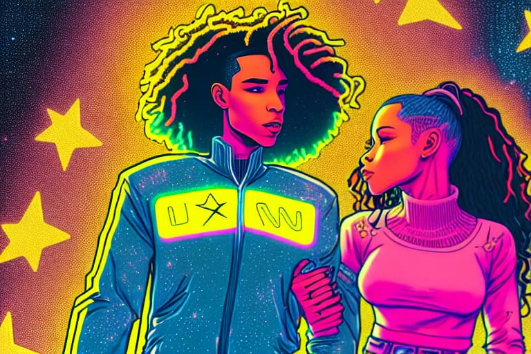  A lightskinned male with short Dark hair, with a shorter lightskinned female with long Dark pink hair, in love, Holding hands, talking a walk in cyberspace, neon yellow stars, neon orange and neon blue planets